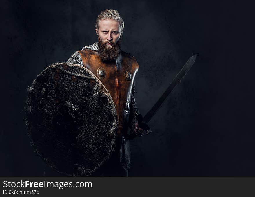 Artistic portrait of Scandinavian Viking dressed in Nordic armor holds a shield and silver sword over dark grey background. Artistic portrait of Scandinavian Viking dressed in Nordic armor holds a shield and silver sword over dark grey background.