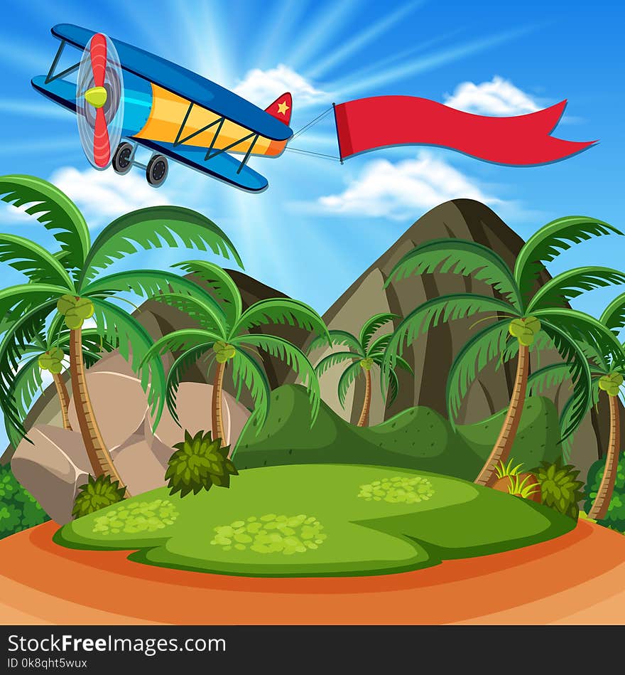 Background scene with airplane and red flag illustration