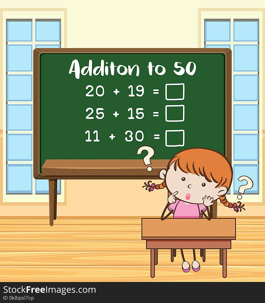 Addition to fifty on board in classroom illustration