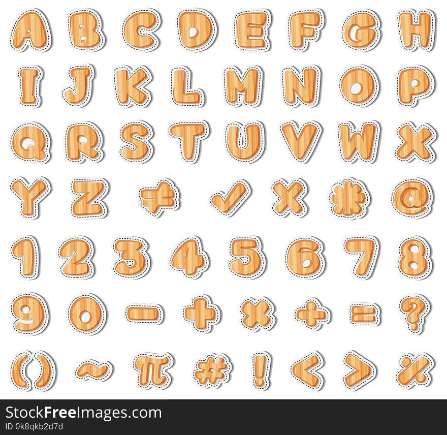 Font design for english letters and numbers in wooden texture illustration