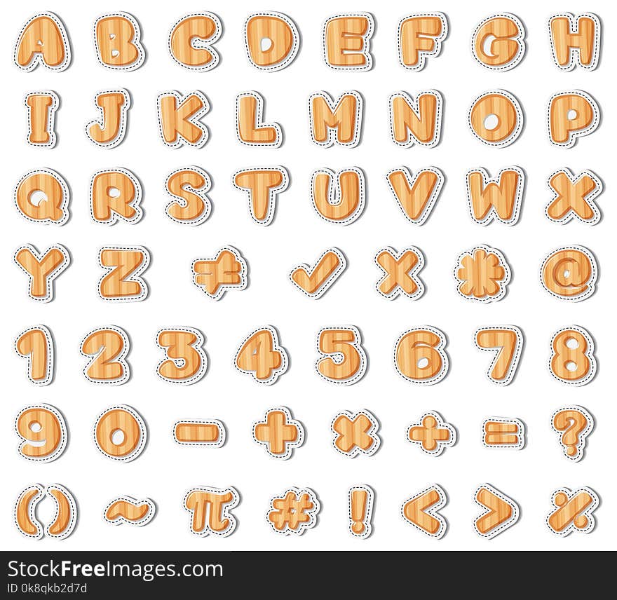 Font design for english letters and numbers in wooden texture