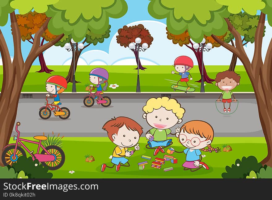 Many children playing in the park illustration