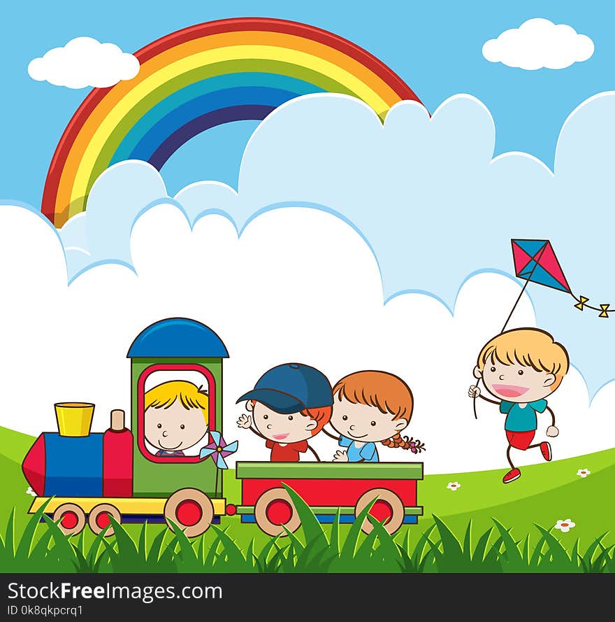 Kids riding train in the park illustration