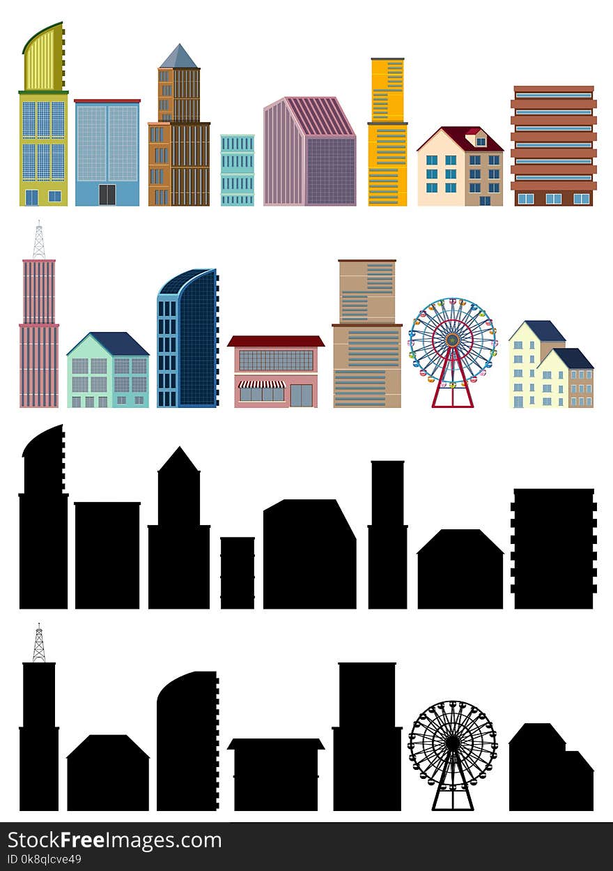 Different designs of buildings on white background illustration