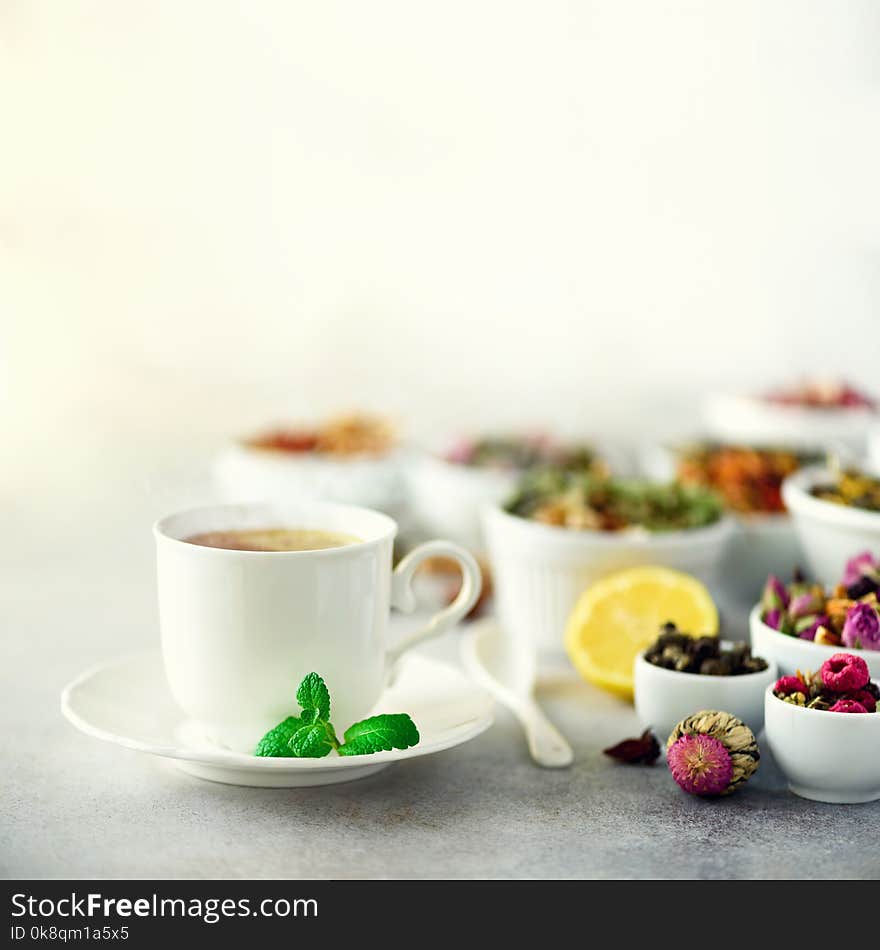 Tea concept with copy space. Different kinds of dry tea in white ceramic bowls and cup of aromatic tea on grey