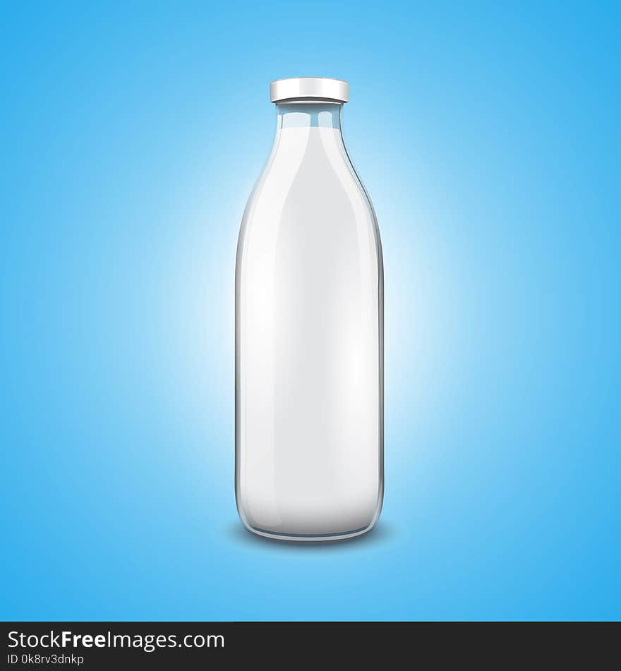 Transparent glass bottle of milk on blue background. Vector illustration.