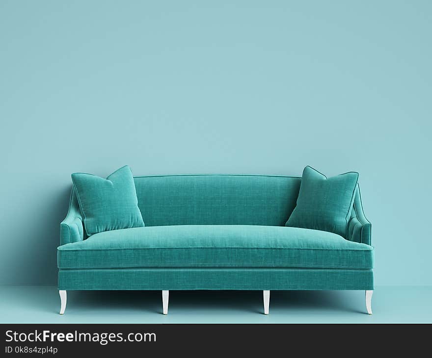 Classic tufted cyan color on blue background with copy space.Pastel gamma.Digital Illustration.3d rendering