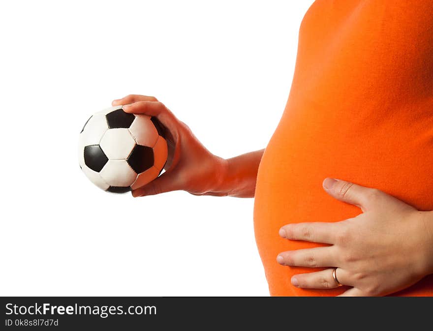 Pregnant woman with ball on white background