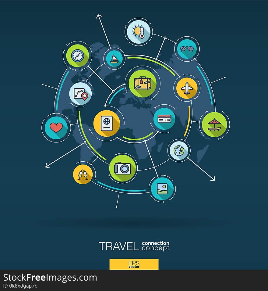 Abstract travel and tourism background. Digital connect system with integrated circles, flat icons. Network interact interface concept. Hotel booking, holiday, vacation vector infographic illustration. Abstract travel and tourism background. Digital connect system with integrated circles, flat icons. Network interact interface concept. Hotel booking, holiday, vacation vector infographic illustration