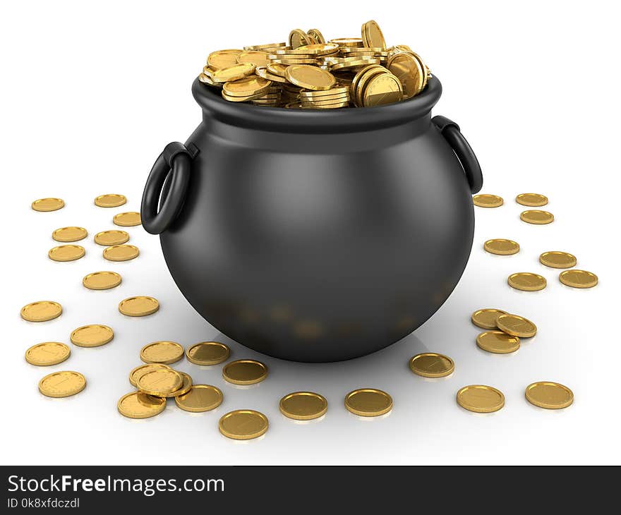 Pot of Gold Coin , This is a 3d rendered computer generated image. Isolated on white.