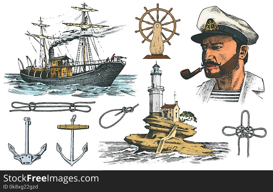 Boatswain with pipe. Lighthouse and sea captain, marine sailor, nautical travel by ship. engraved hand drawn vintage