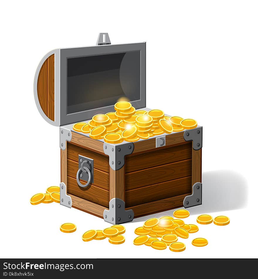 Piratic Trunk Chests With Gold Coins Treasures. . Vector Illustration. Catyoon Style, Isolated