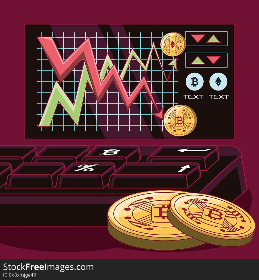 Stock market with cryptocoins and keyboard over red background, colorful design. vector illustration. Stock market with cryptocoins and keyboard over red background, colorful design. vector illustration