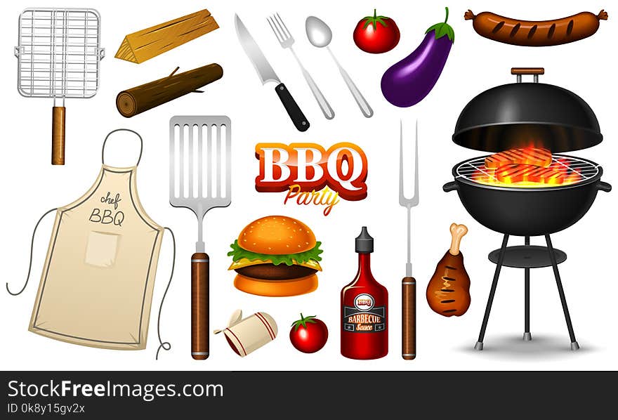 Barbecue grill elements set isolated on red background. BBQ party. Summer time. Meat restaurant at home. Charcoal kettle