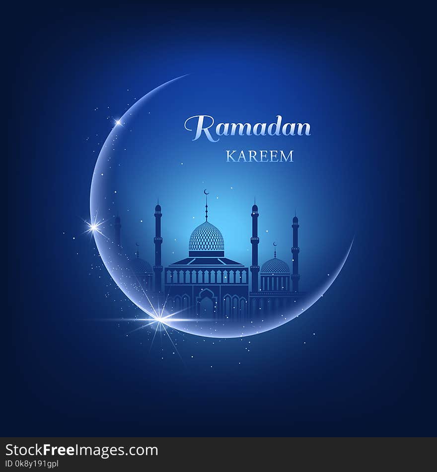 Vector illustration with moon, sparkles, glitters, blue mosque on a night blue sky background and Ramadan Kareem text. Beautiful greeting card for muslim community festival. Vector illustration with moon, sparkles, glitters, blue mosque on a night blue sky background and Ramadan Kareem text. Beautiful greeting card for muslim community festival.