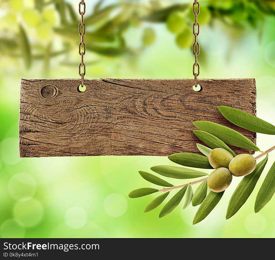 Fresh Olives, Olive Tree And Wooden Board