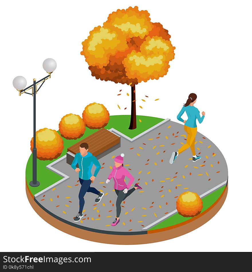 Isometric young woman and man runners running on a city park. Sportive people training in an urban area, healthy lifestyle and sports concepts. Autumn. Vector illustration