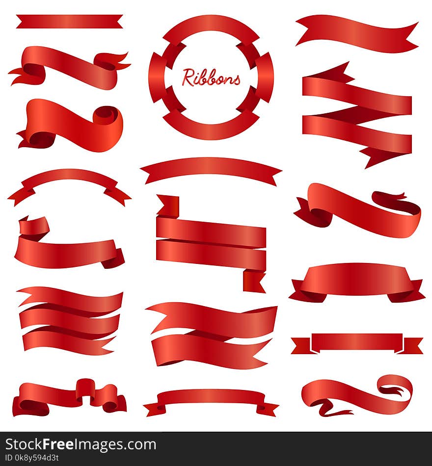 Ribbons Banners, Illustration Set And Tape Isolated On White Background. Red Vintage Details For Wedding Card And