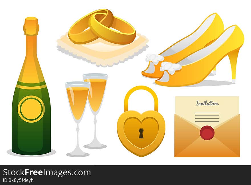 Elements for Wedding ceremony Set. Newlyweds icons. Vintage rustic rings for married couple, shoes and champagne, wreath