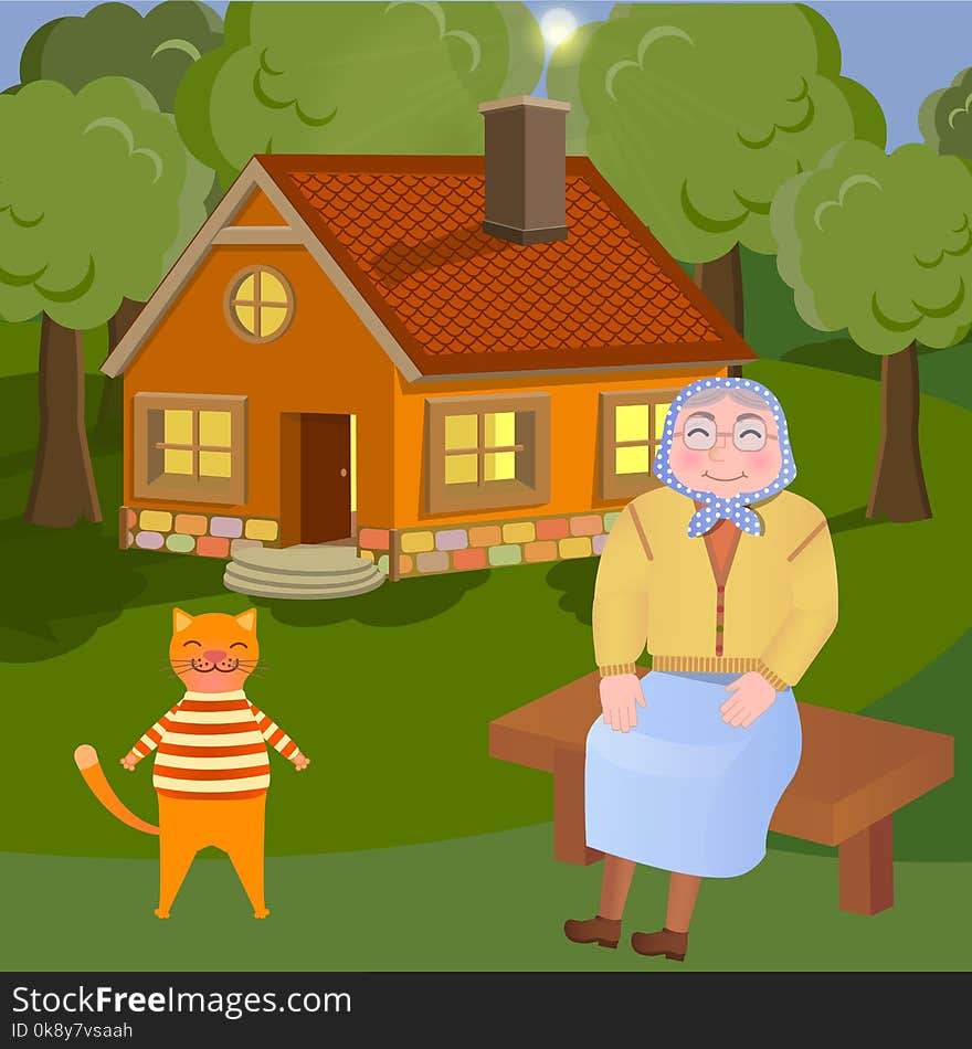 Vector iluustration: grandmother and her cat sitting on the bench on the countryside. Vector iluustration: grandmother and her cat sitting on the bench on the countryside