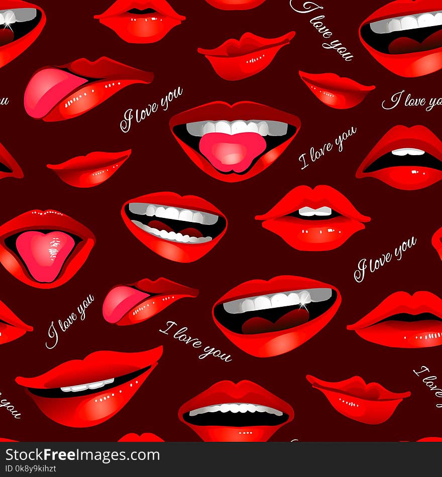 Beauty modern realistic seamless pattern with different lips isolated on dark background. Vector cartoon I LOVE YOU illustration for your girl fashion design