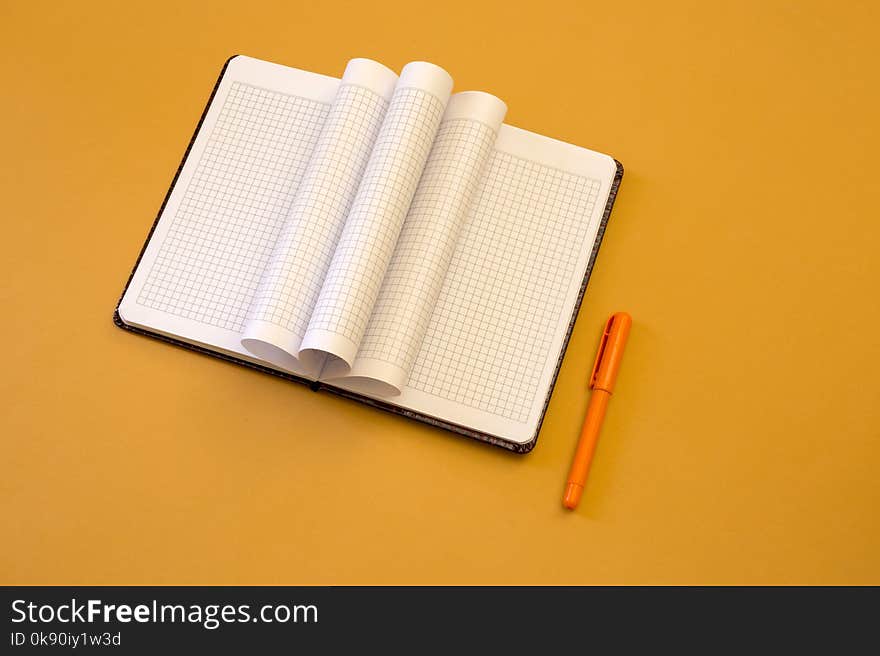 Open notebook with pen on yellow background, top view