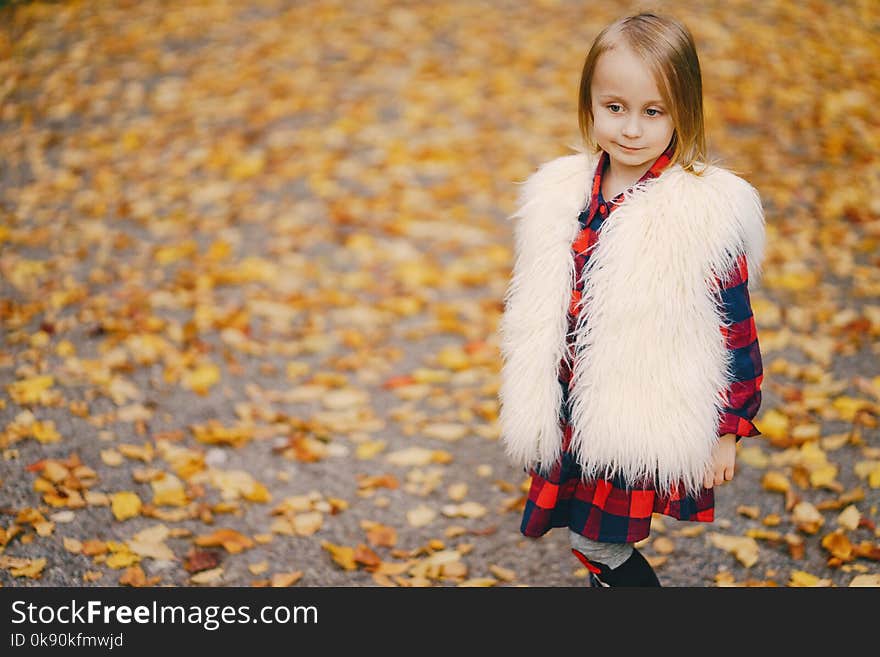 Young beautiful little stylish girl in a sunny autumn park