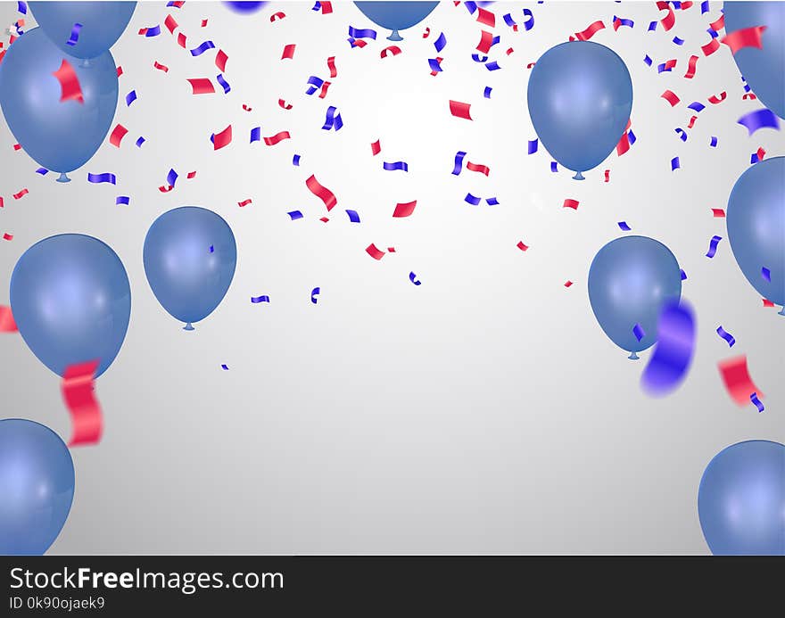 Celebration background template with confetti and ribbons red and blue