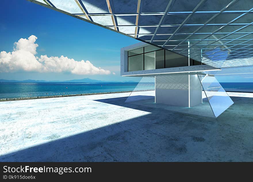 Closeup and perspective view of empty cement floor with modern steel and glass building exterior . 3D rendering and real images mixed media . Closeup and perspective view of empty cement floor with modern steel and glass building exterior . 3D rendering and real images mixed media .