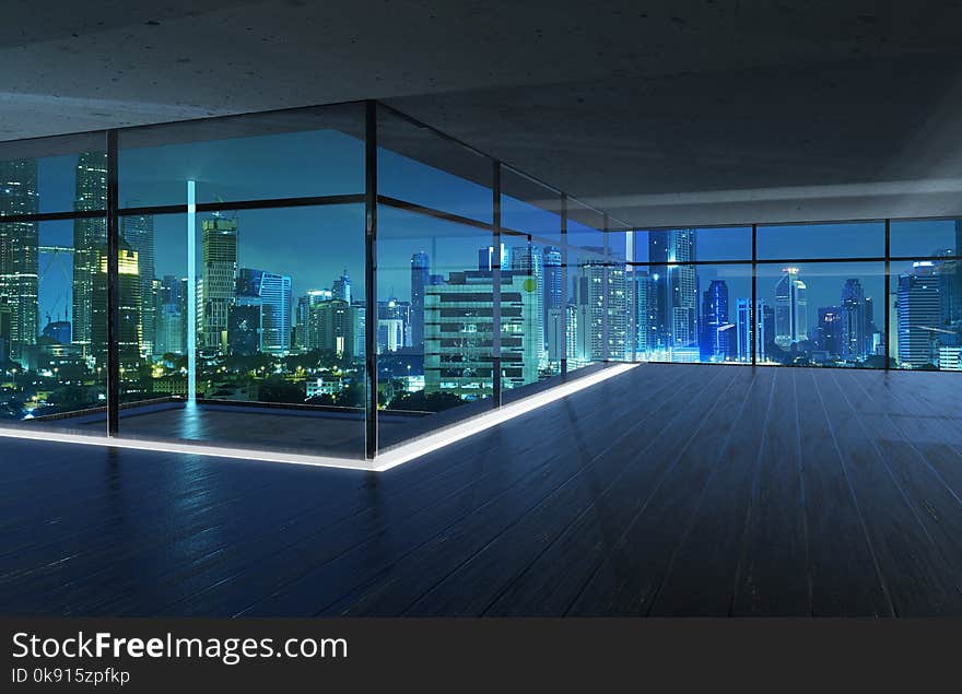 Perspective view of empty wood floor and cement ceiling interior with city skyline view . Mixed media .