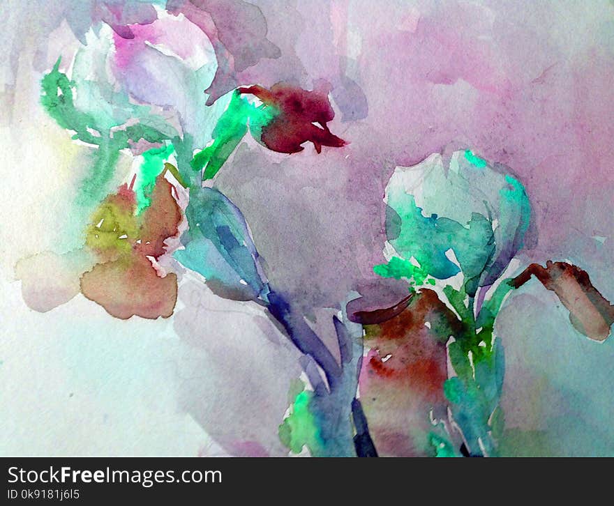 Watercolor art background abstract beautiful floral iris flower lilac romantic surface colorful textured wet wash blurred