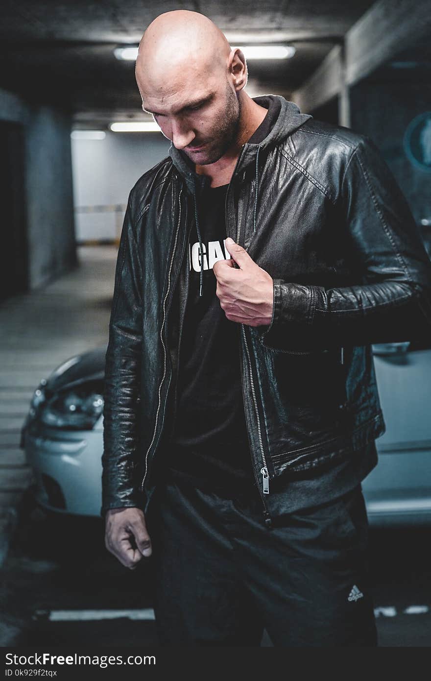 Man Wearing Black Leather Jacket