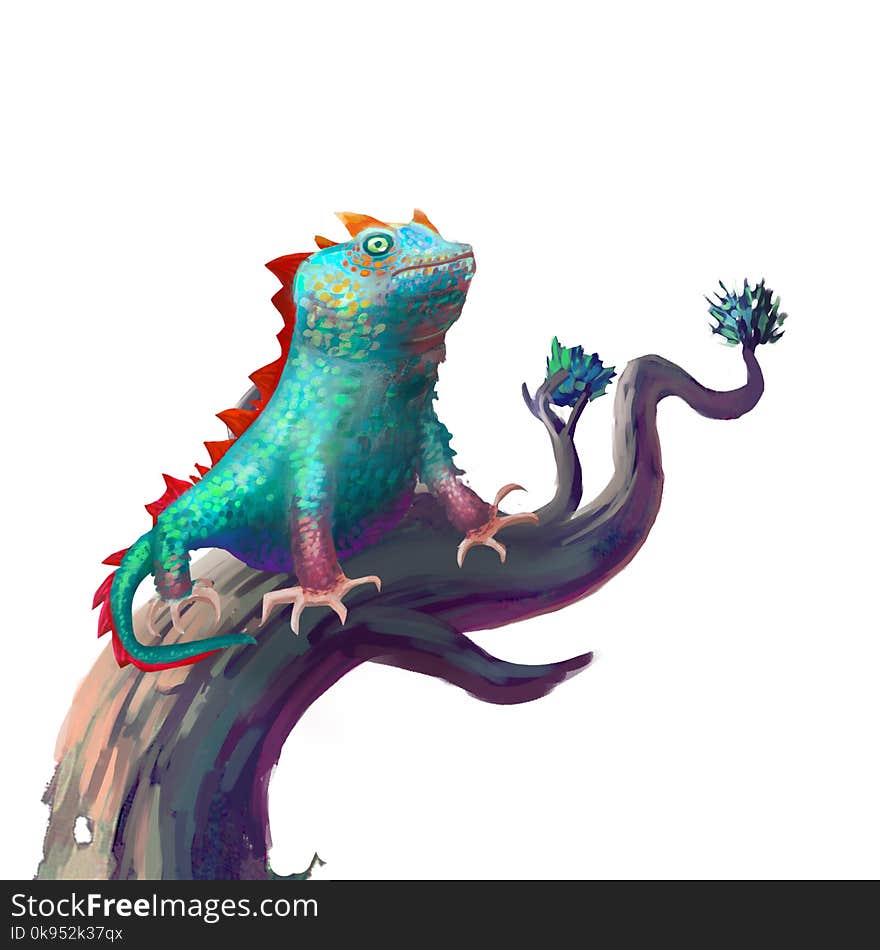 The Lizard Stays on the Branch isolated on White Background with Fantastic, Realistic and Futuristic Style. Video Game`s Digital CG Artwork, Concept Illustration, Realistic Cartoon Style Scene Design