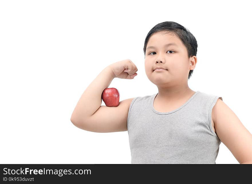 Handsome obese fat boy show muscle with apple isolated on white background, diet and healthy concept