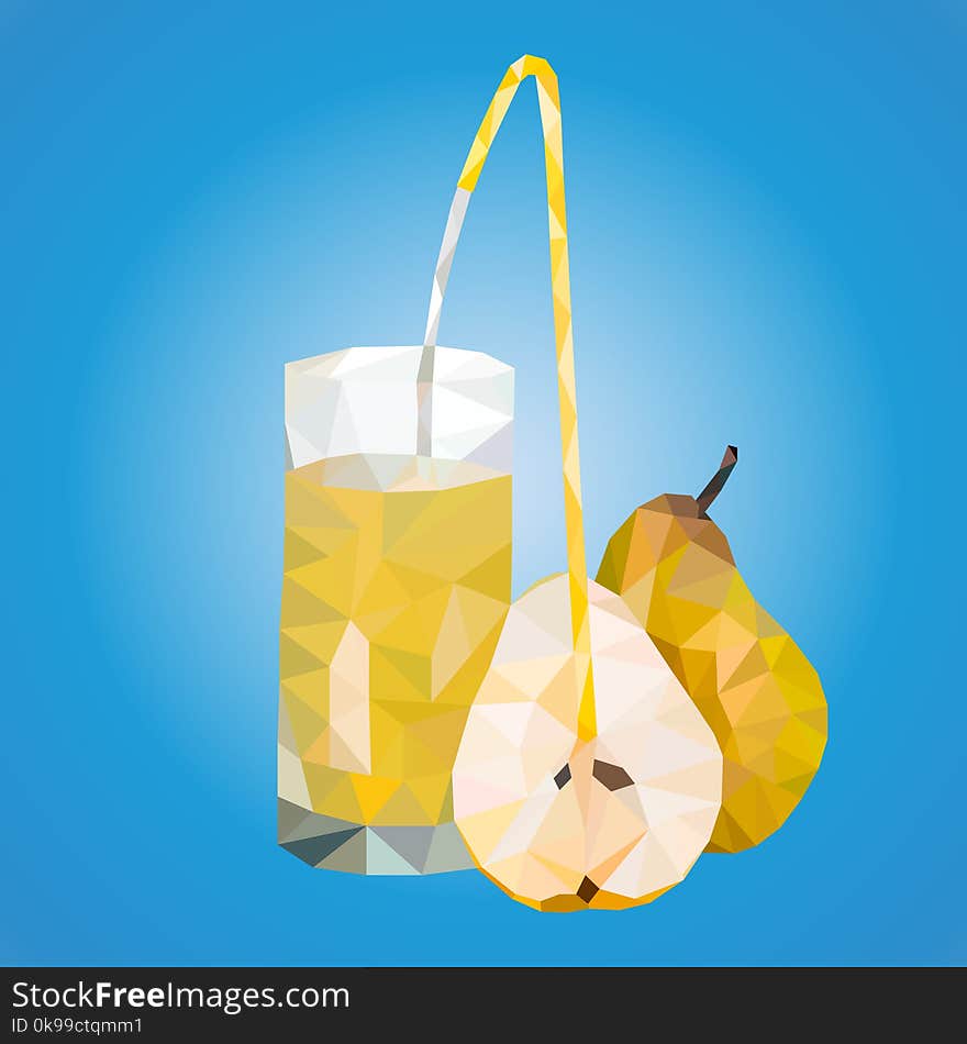 Illustration of polygonal triangles ripe pears and a glass with juice and a tube from which juice flows into a glass on a blue background.