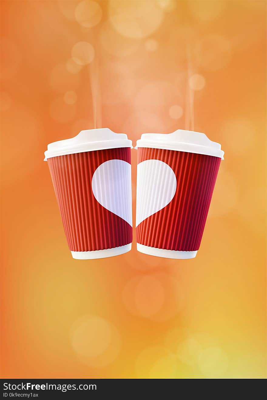 Coffee Love Poster Template. Two Red Ripple Cups with a White Heart on an Orange Background. Vector EPS10