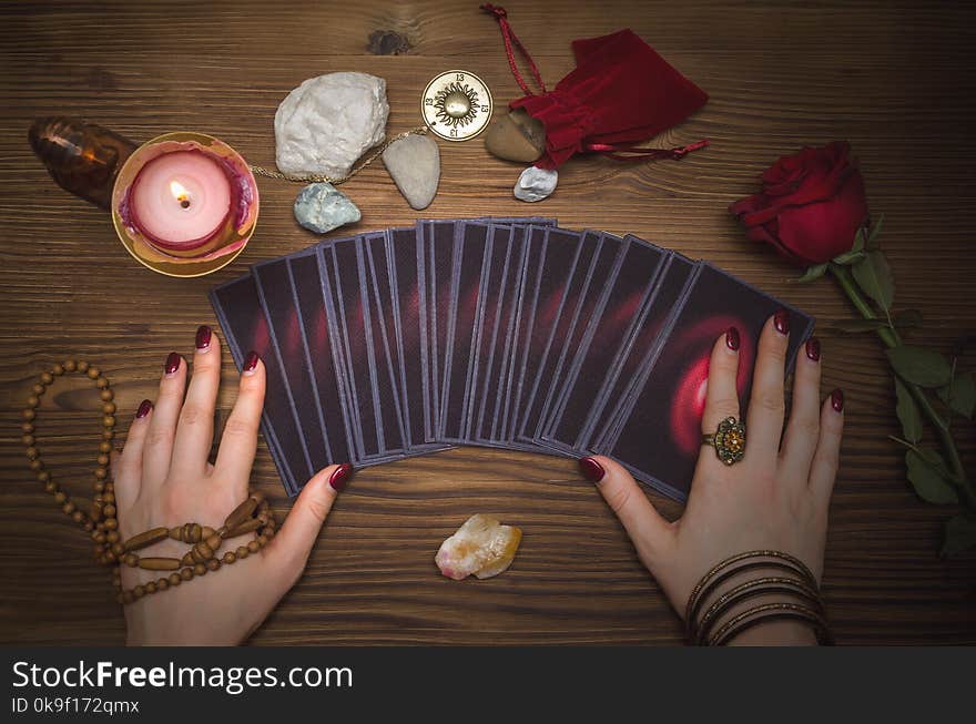 Tarot cards and future reading concept. Fortune teller desk table. Tarot cards and future reading concept. Fortune teller desk table.