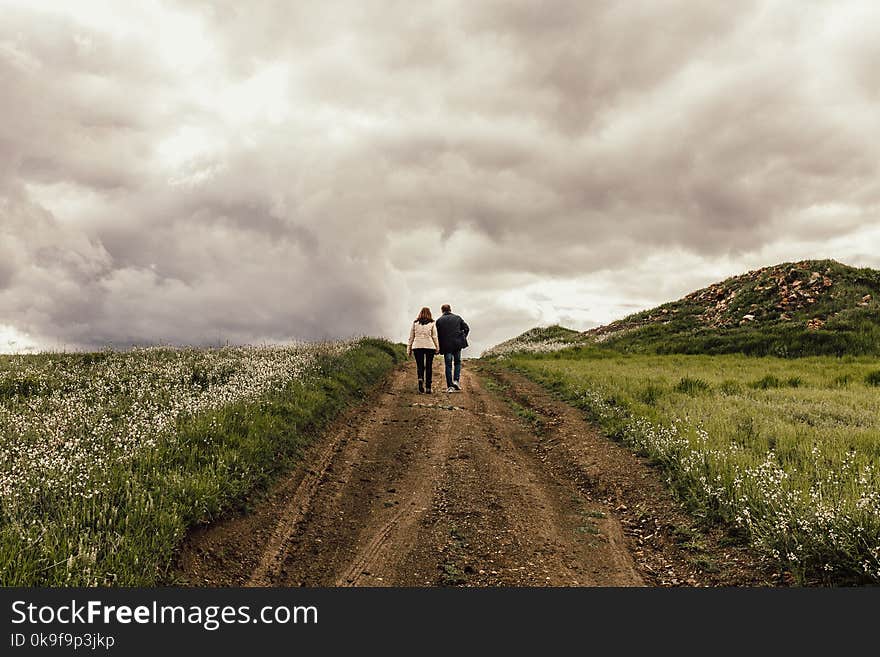 Man in Black Jacket Near Woman in White Jacket Surrounded by Flowers