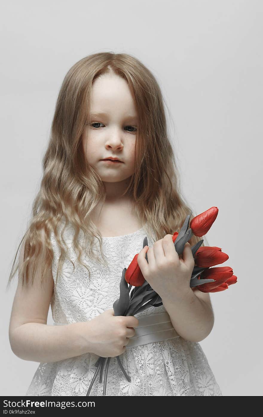 Quiet little girl holding a lovely bouquet of tulips appears distressed. Quiet little girl holding a lovely bouquet of tulips appears distressed