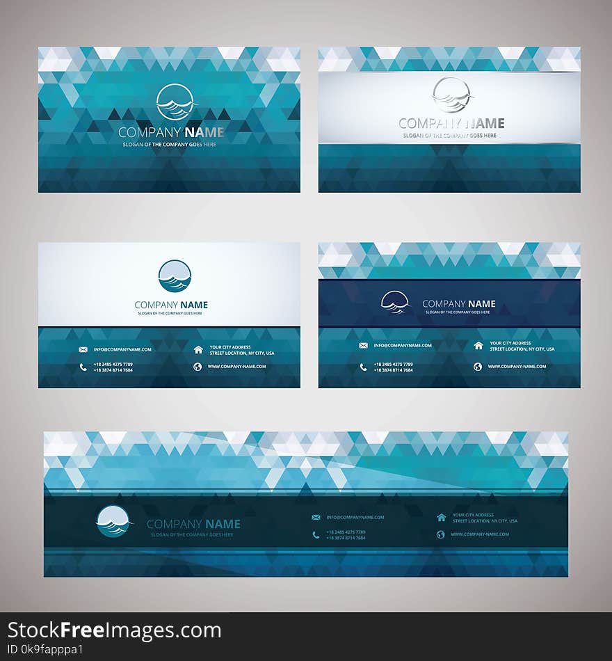 Wave icon and the geometric abstract business cards and background