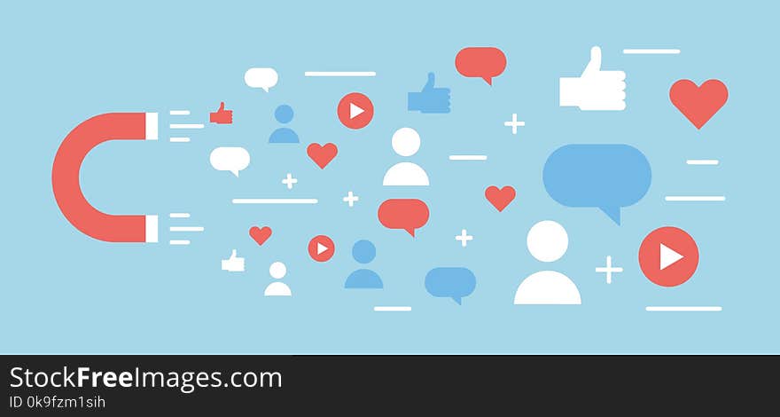 Online digital media magnet and influencer. Vector background illustration concept for popularity, likes, comments, followers.