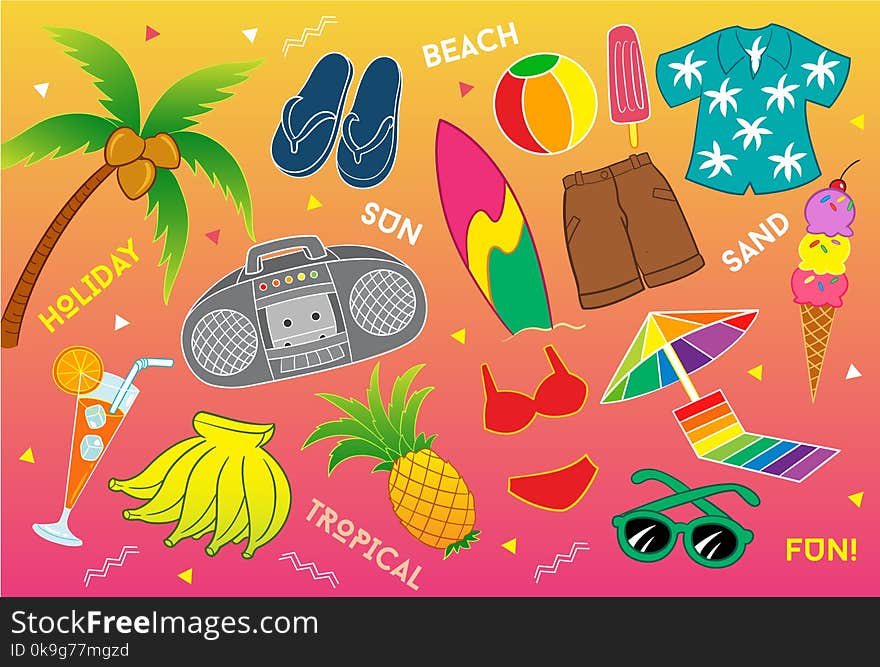 Traveling to Tropical Beach Vector Illustration for many purpose such as print on canvas, bag, textile, clothes, pencil case, pillow case, poster, laptop case, note book cover, etc. This illustration mood are happy expression, enjoying holiday and the good time, 1990`s art and design style.