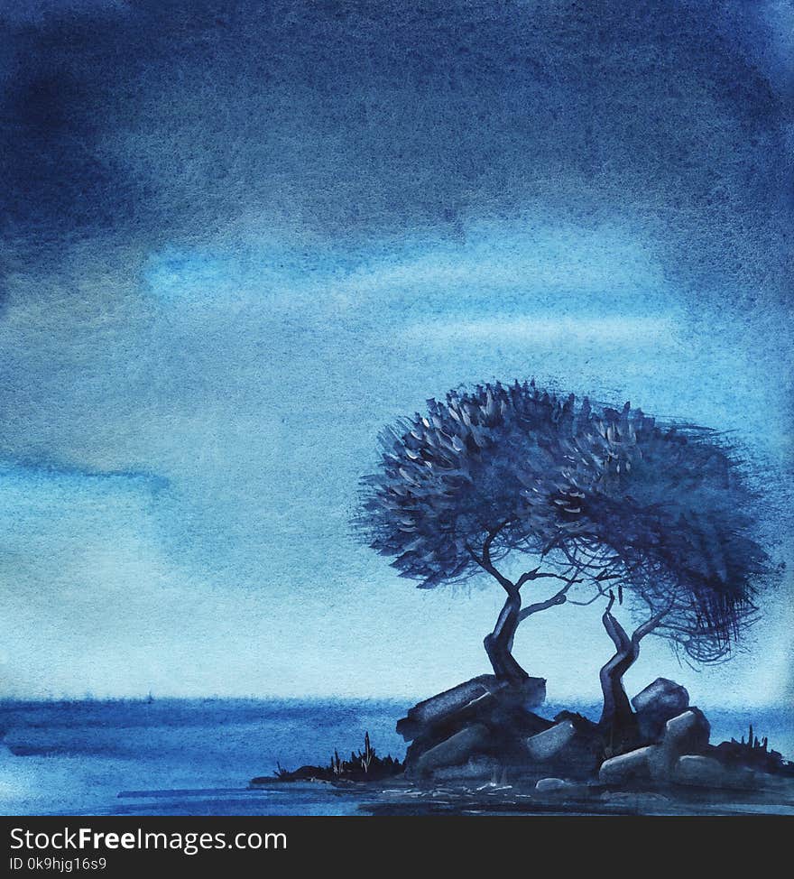 A couple of deciduous trees on a tiny stony island in the night or evening. Hand drawn real watercolor illustration.