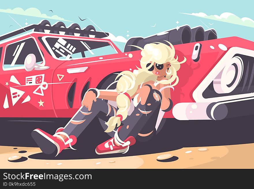 Cute blond girl sitting near red car. Vector flat illustration
