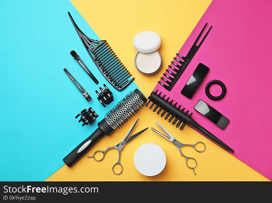 Professional hairdresser set on color background