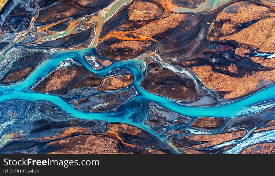 Aerial view and top view river in Iceland. Beautiful natural backdrop.