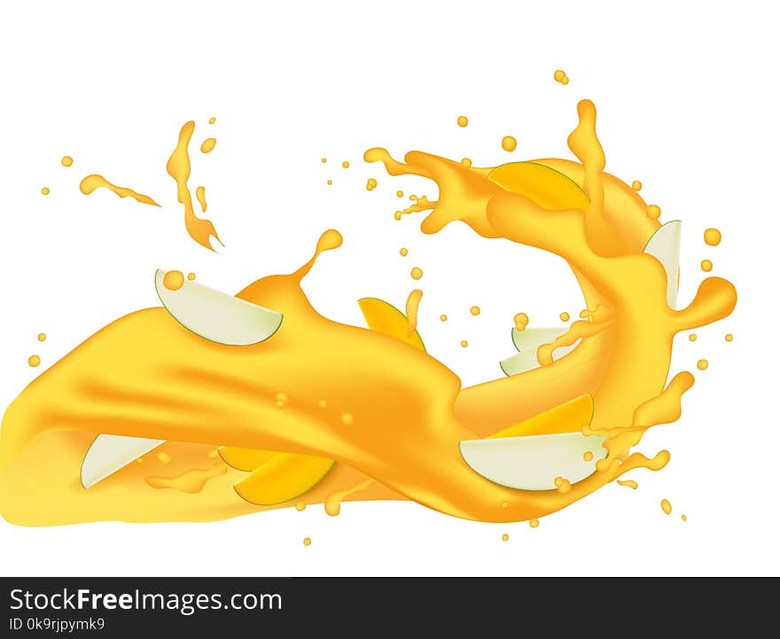 Yellow orange juice 3d illustration with slices of mango, peach, apricot, nectarine, apple. Pouring flowing wave splash for