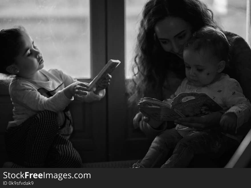 Black and White Photo of Mother and Children