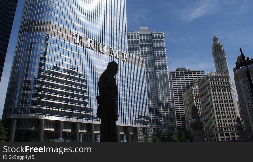 Silhouette of Statue Near Trump Building at Daytime