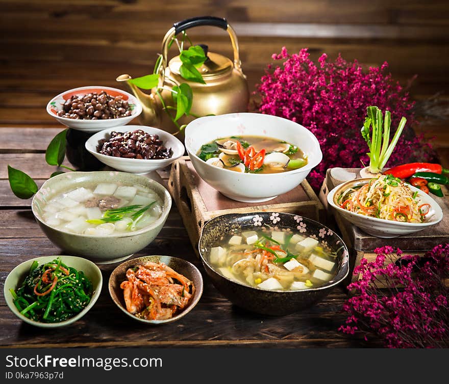 Assorted Cooked Food With Side Dishes